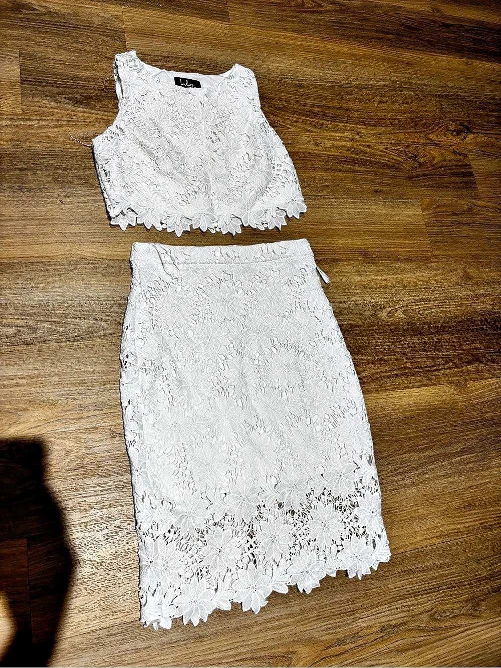 Lulus Floral Lace Skirt Set in White Size Medium